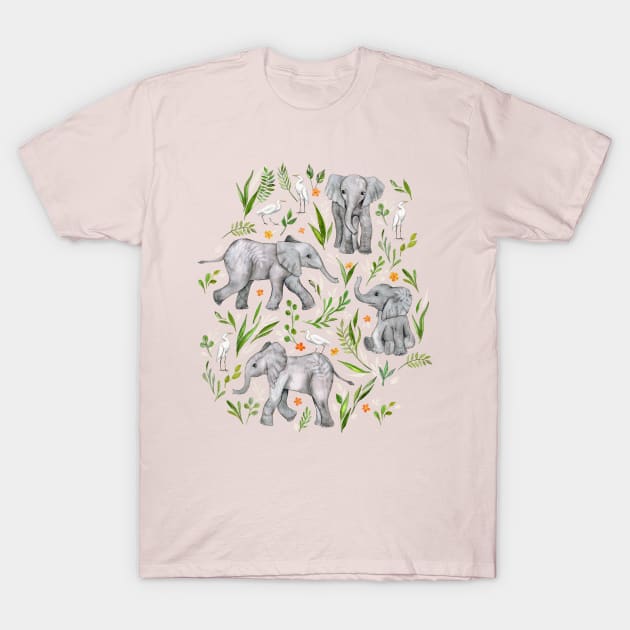 Baby Elephants and Egrets in watercolor - blush pink T-Shirt by micklyn